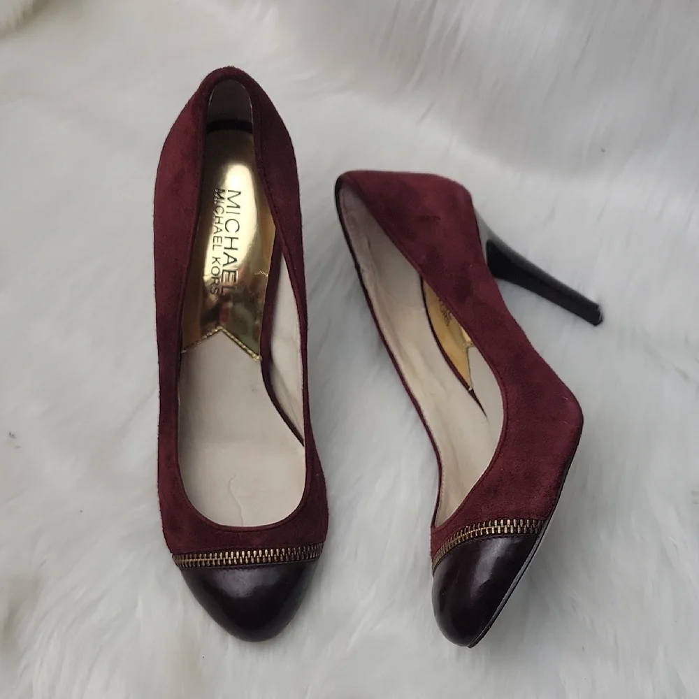 MICHAEL KORS Cynthia Bordeaux Zipper Brown‎ Leather Cap Toe Suede Office Heels 6